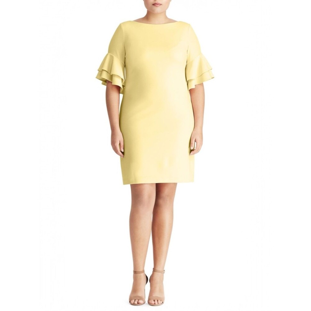 NWT Lauren Ralph Lauren Yellow Silvana Ruffle Sleeve Sheath Dress Size 14 Crepe